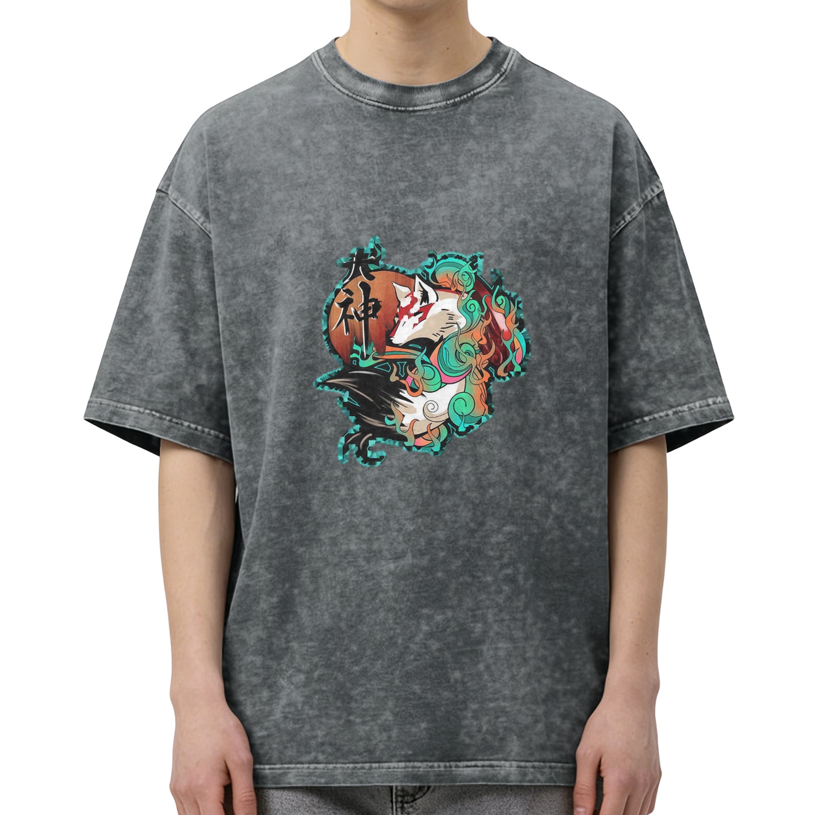 Retro washed black anime style wolf print short sleeve T-shirt