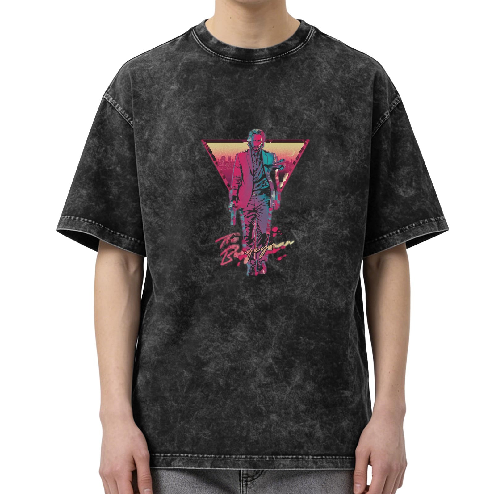 Distressed washed black short-sleeved T-shirt Retro neon style John Wick graphic printed top