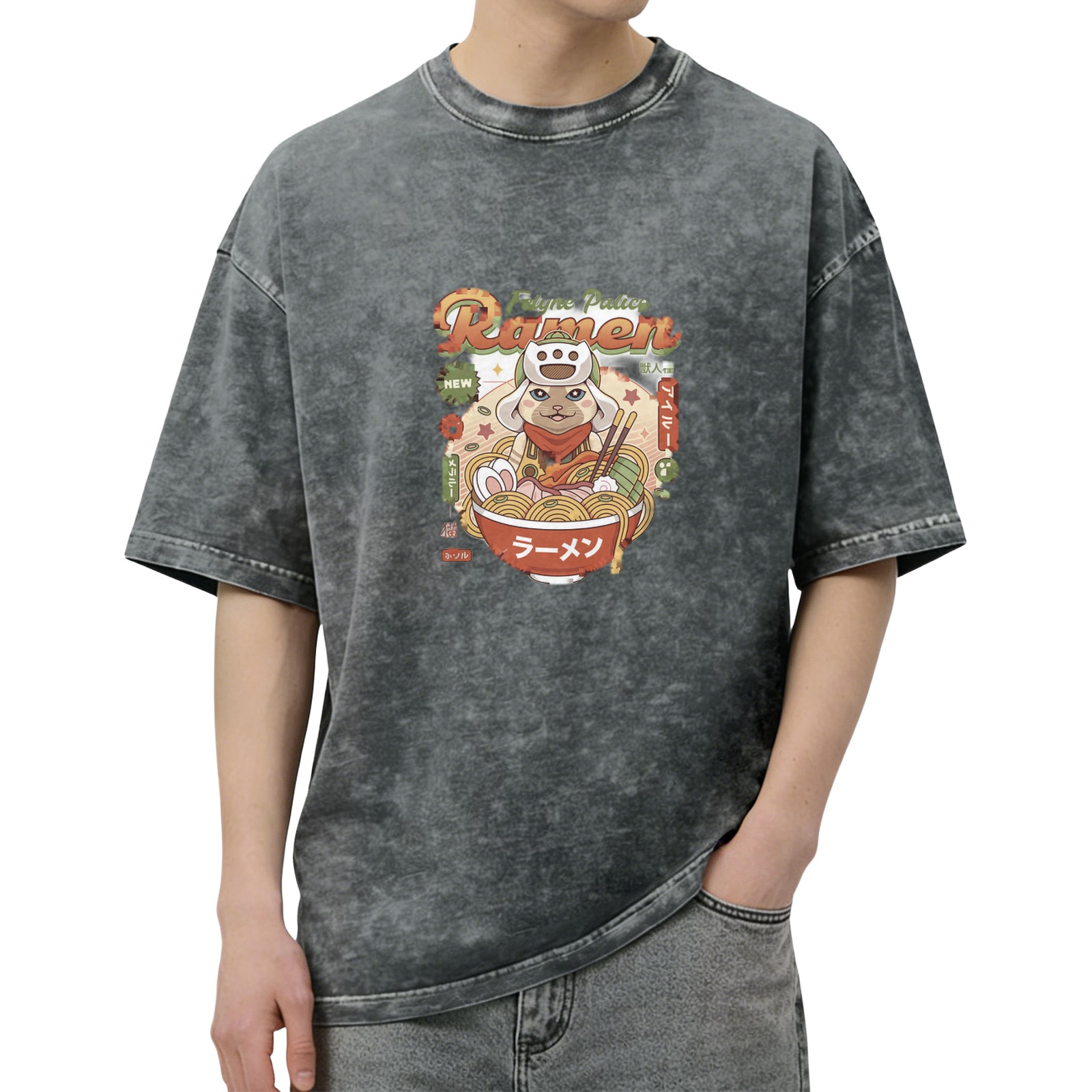 Oversized Acid Wash T-Shirt With Anime Ramen Cat Graphic