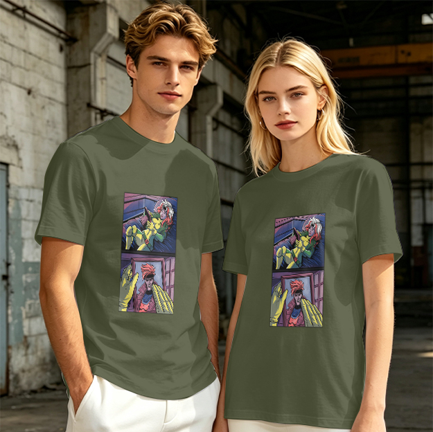 Olive T-Shirt with Comic Style Superhero Graphic Print