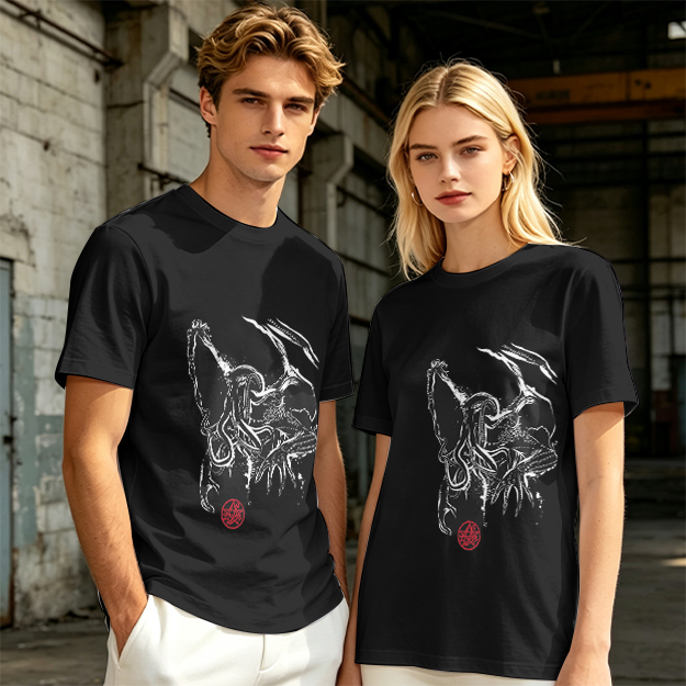 Olive T-Shirt With Dark Abstract Tentacle Creature Print