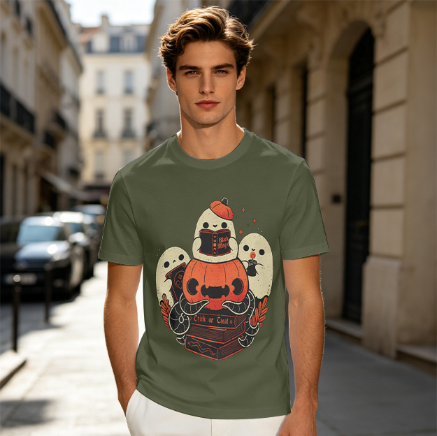 Olive Halloween Ghosts Jack-o'-Lantern Graphic T-Shirt