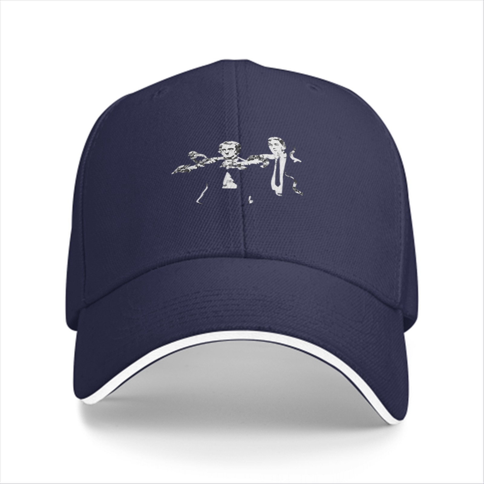 Black Baseball Cap With Two Figures Graphic Print Design