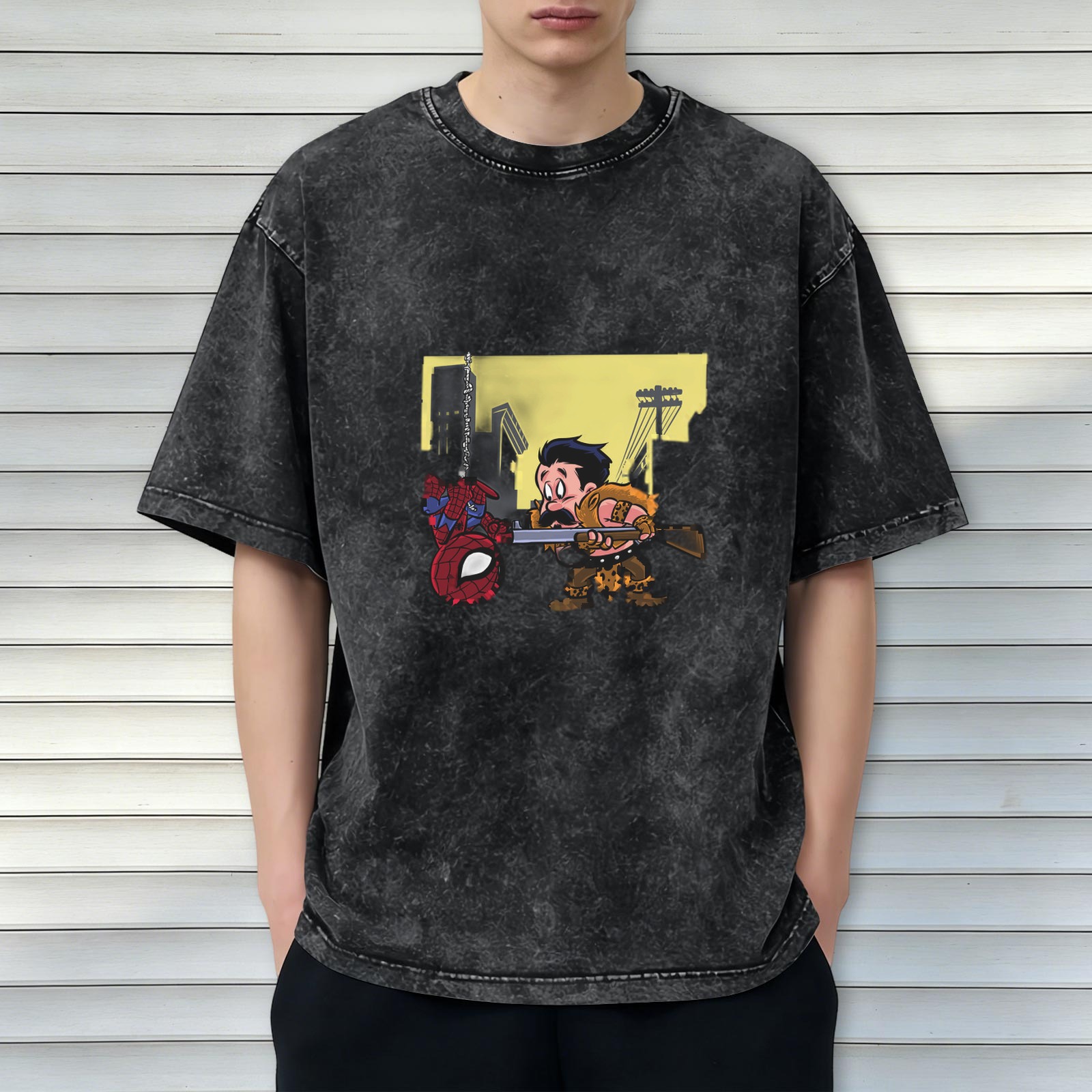 Washed black graphic tee with Spider-Man and hunter cartoon print