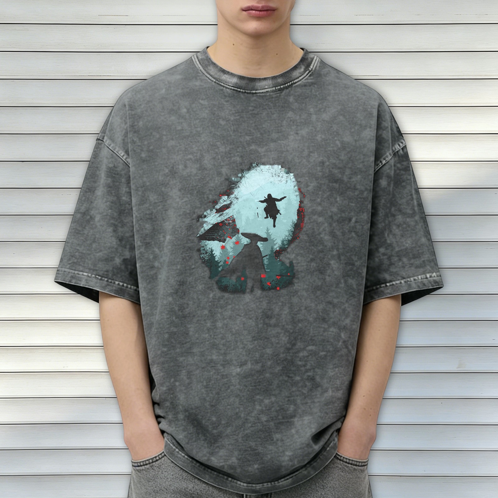 Distressed Darth Vader style printed short-sleeved T-shirt