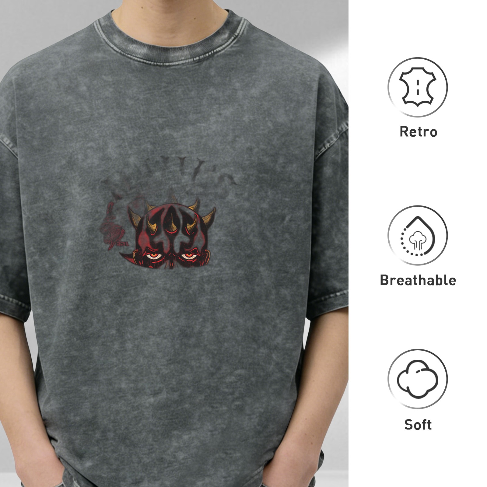 Oni Demon Face Print Oversized Acid Wash T-Shirt