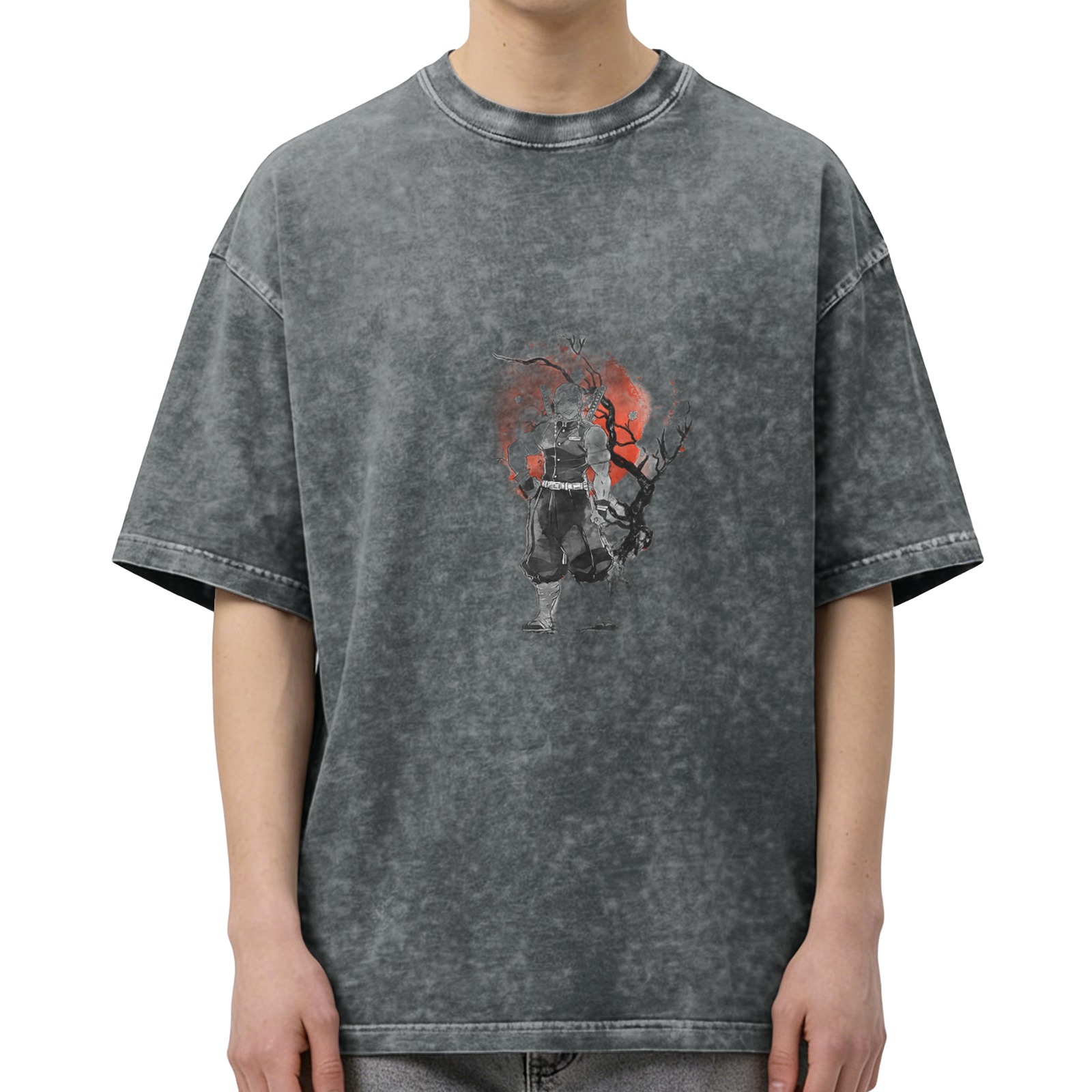 Oversized acid wash t-shirt with dark warrior and red moon graphic