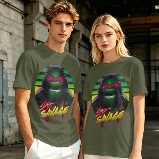 Olive T-Shirt with Retro Ninja Turtle 'Stay Savage' Graphic