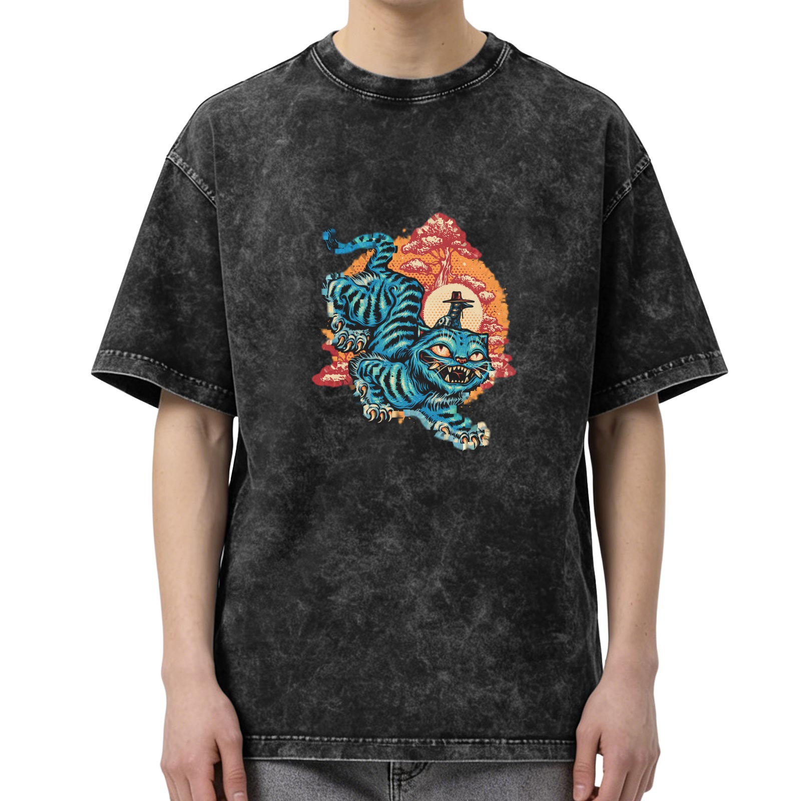 Washed Black T-Shirt With Blue Tiger Japanese Style Graphic