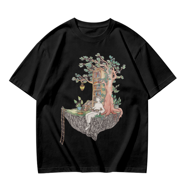 Olive t-shirt with whimsical floating treehouse reading scene print