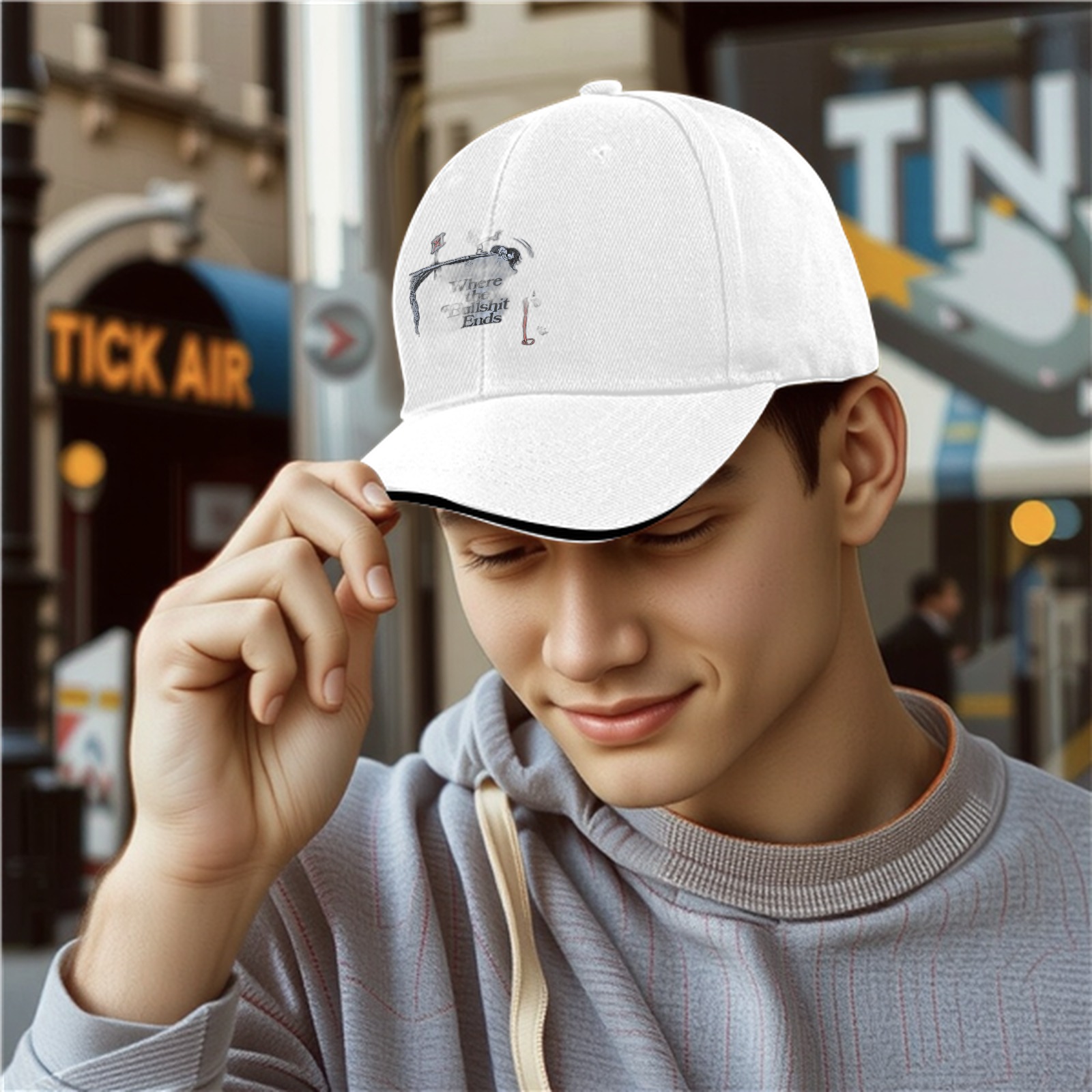 Black Baseball Cap With Fishing Themed Graphic Print