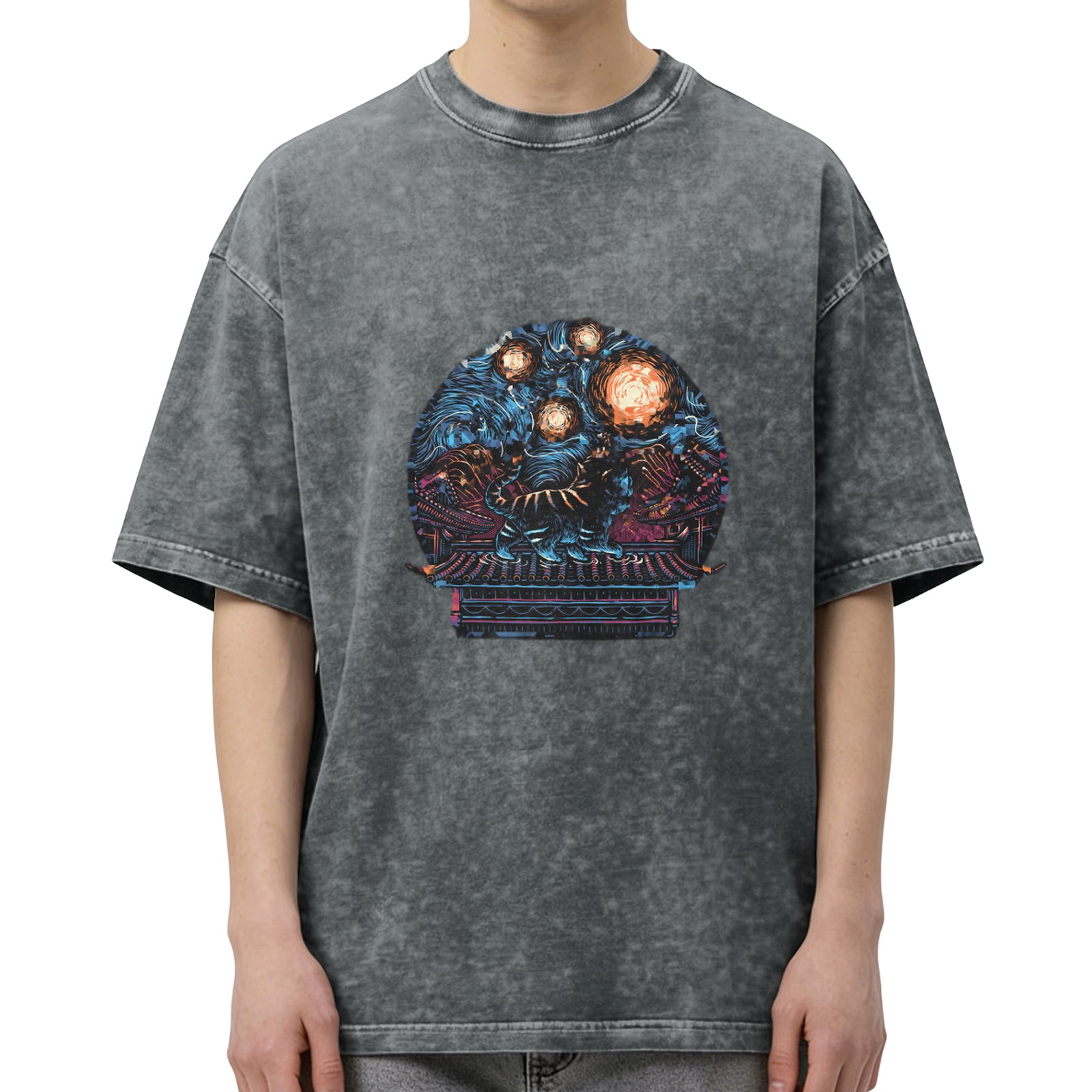 Washed Black Graphic T-Shirt With Mystical Cosmic Art Print