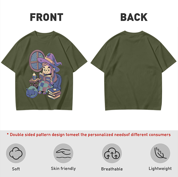 Olive t-shirt with cozy reading witch and cat graphic