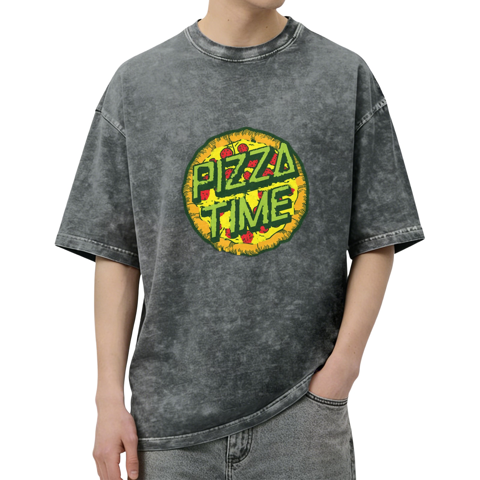 oversized acid wash t-shirt with pizza time graphic print