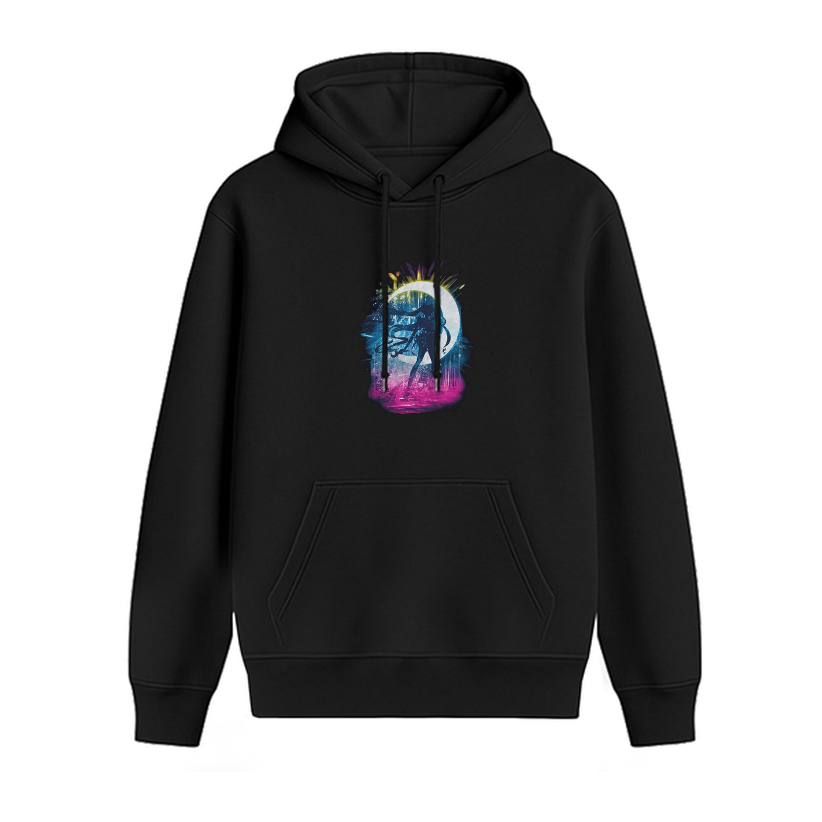 Black Hoodie With Anime Moon Silhouette Graphic Print