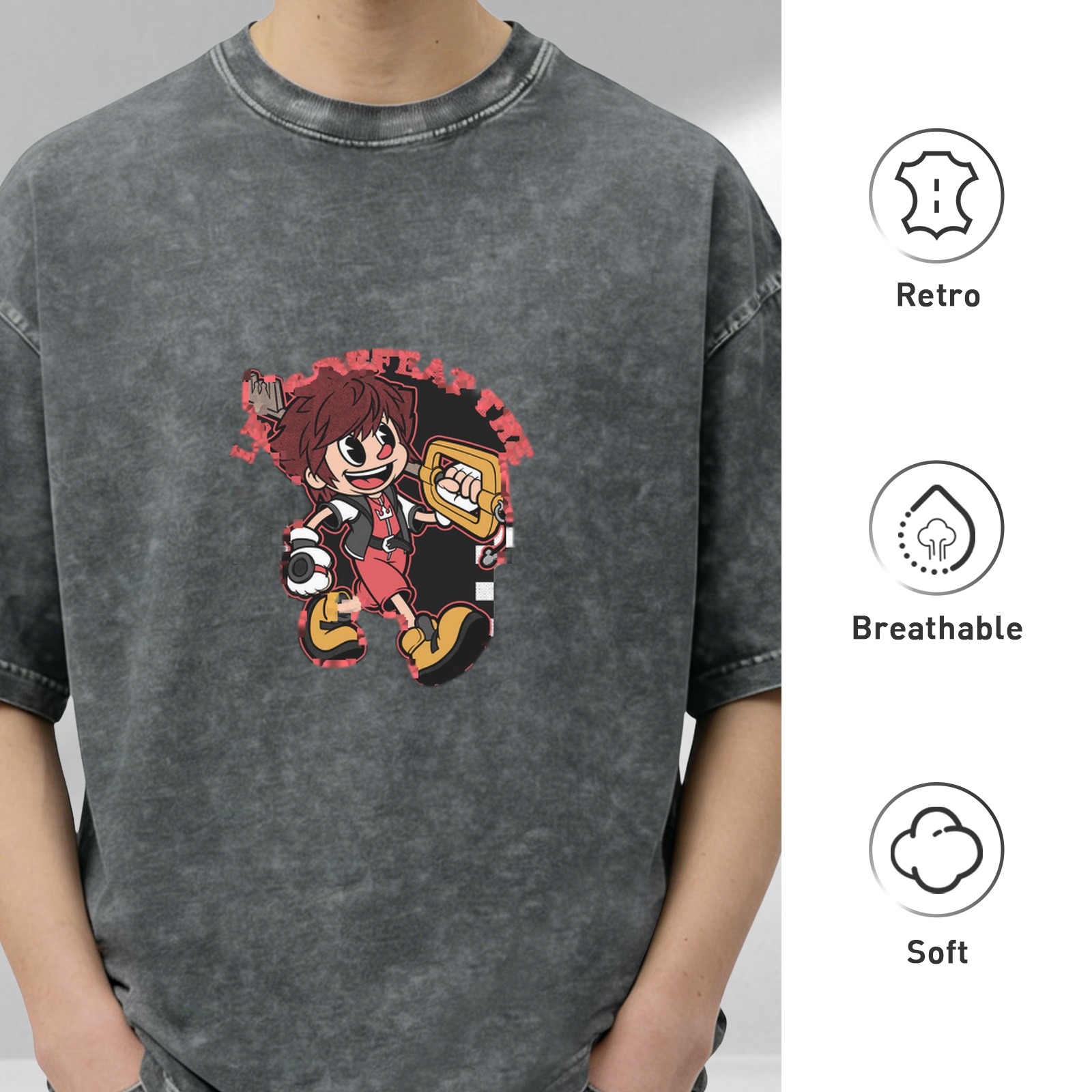 Oversized Vintage Wash T-Shirt with Cartoon Keyblade Character Print