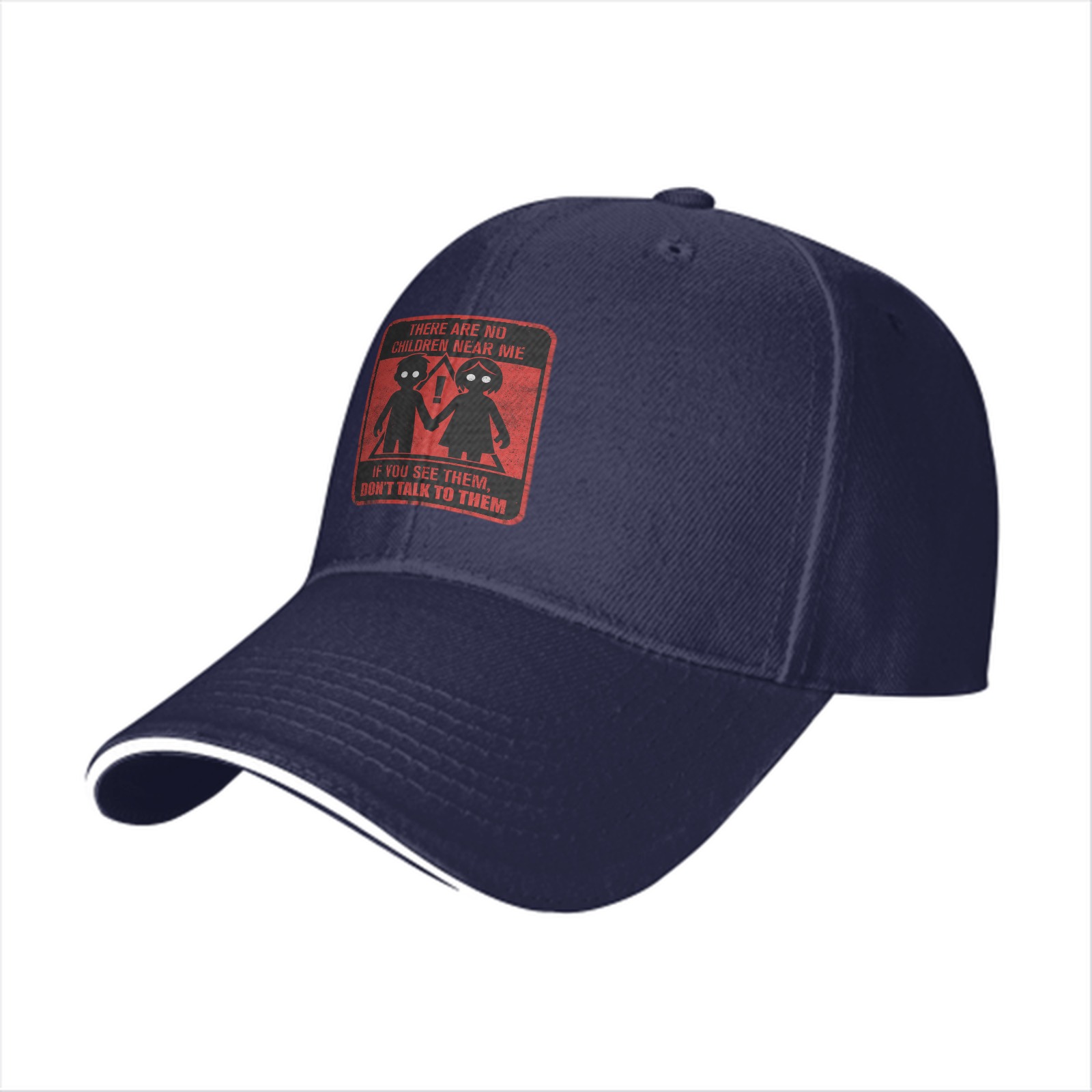 Black baseball cap with warning children graphic and text