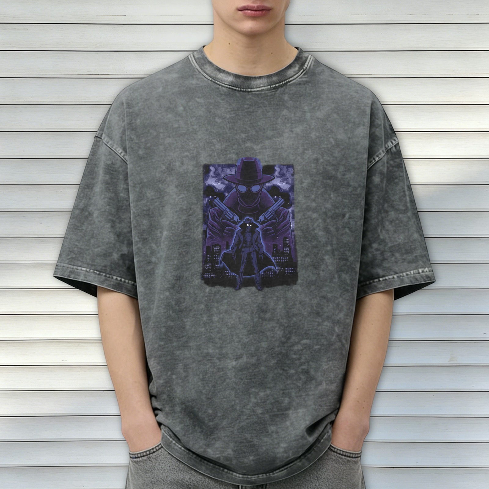 Oversized Dark Wash T-Shirt With Noir Detective Graphic Print