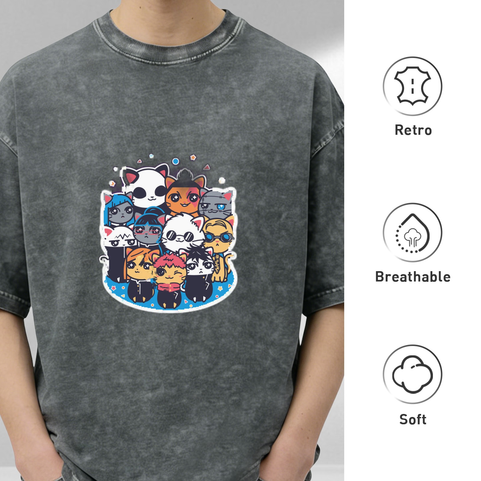 Washed black oversized t-shirt with cute anime cat character group print