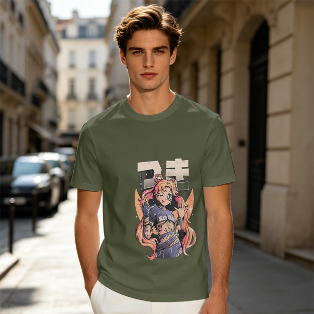 Olive Anime Girl Graphic Short Sleeve T-Shirt