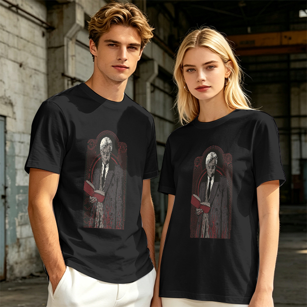 Olive T-shirt with Gothic Figure Holding Red Book Print