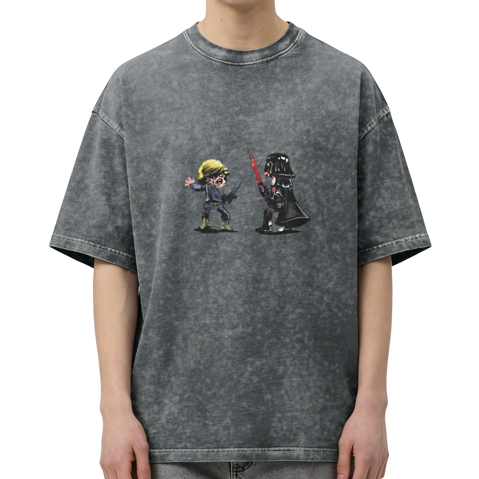Star Wars Luke Skywalker vs Darth Vader Cartoon Graphic Vintage Wash T-Shirt