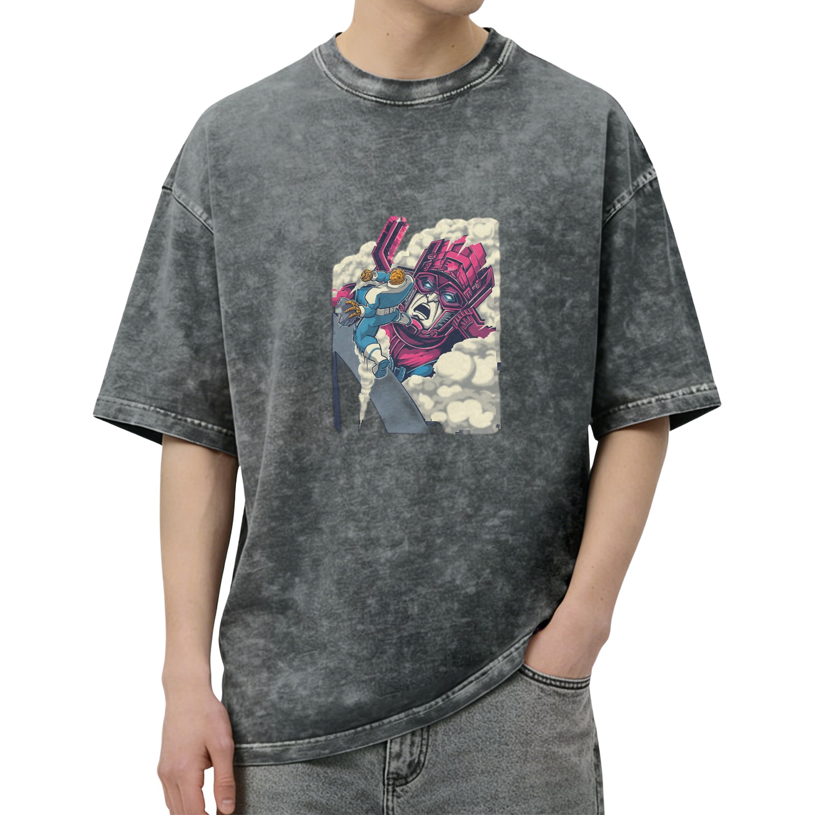 Oversized Acid Wash T-Shirt With Retro Superhero Comic Print