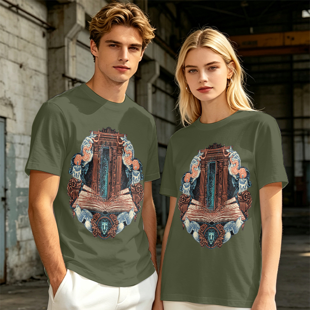 Olive T-Shirt With Ornate Architectural Book Print