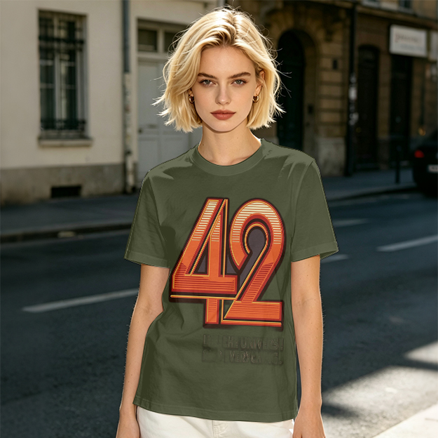 Olive Green T-Shirt With Retro Number 42 Graphic Print