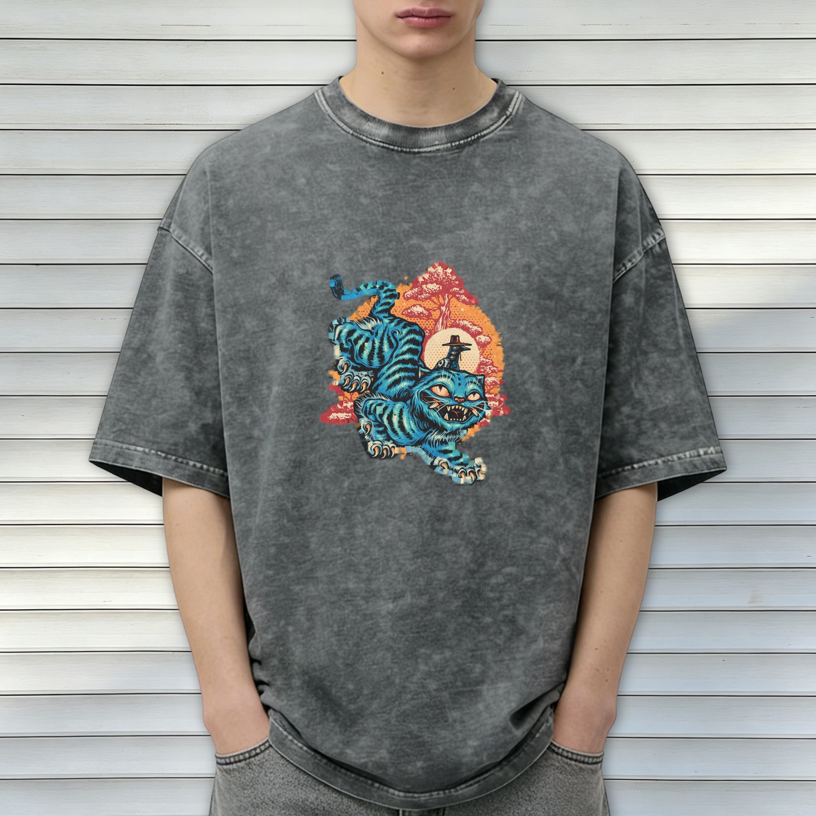 Washed Black T-Shirt With Blue Tiger Japanese Style Graphic