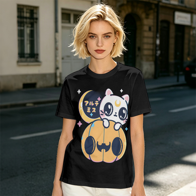 Cute white cat on jack-o'-lantern Halloween graphic tee