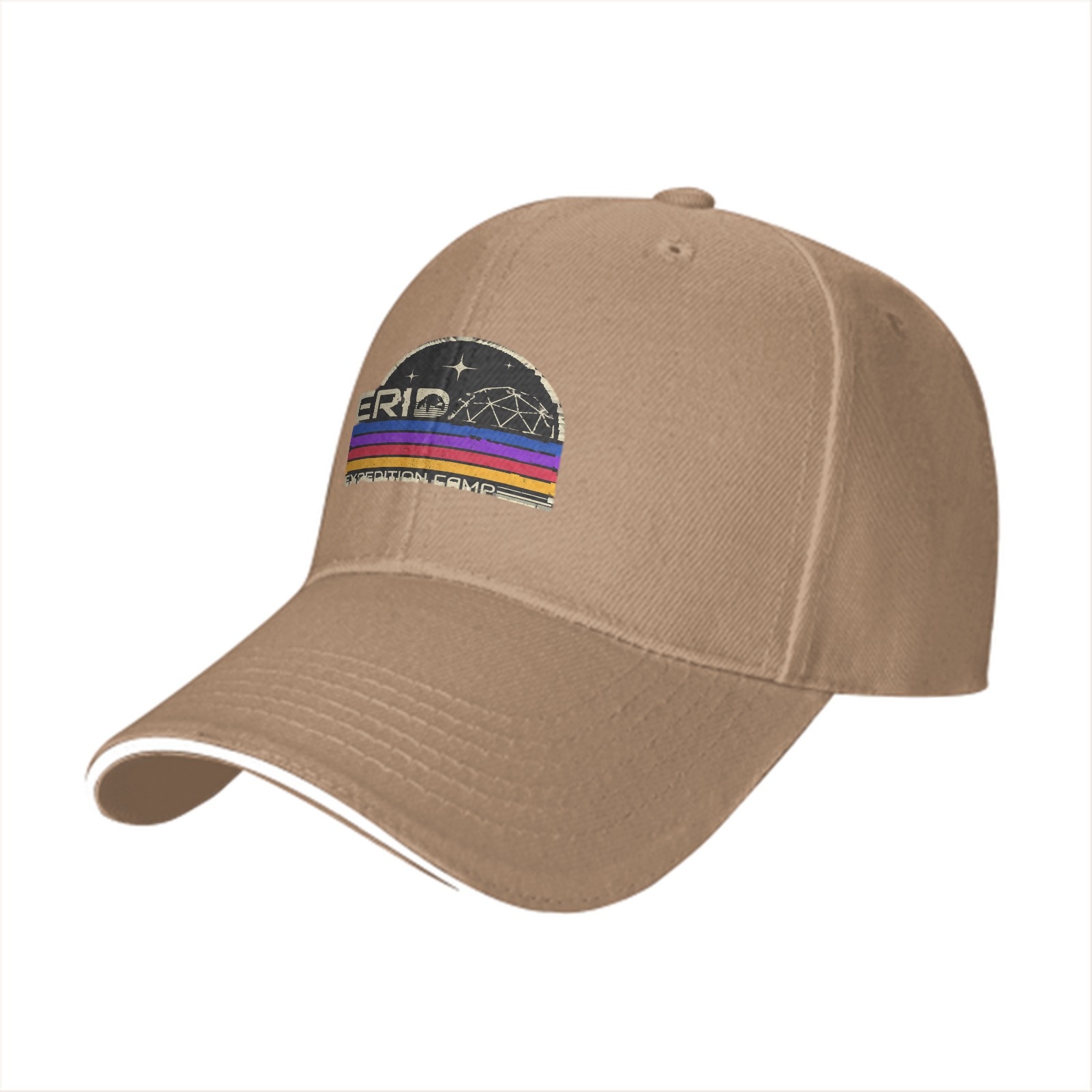 Black baseball cap with retro Erid Expedition Camp graphic