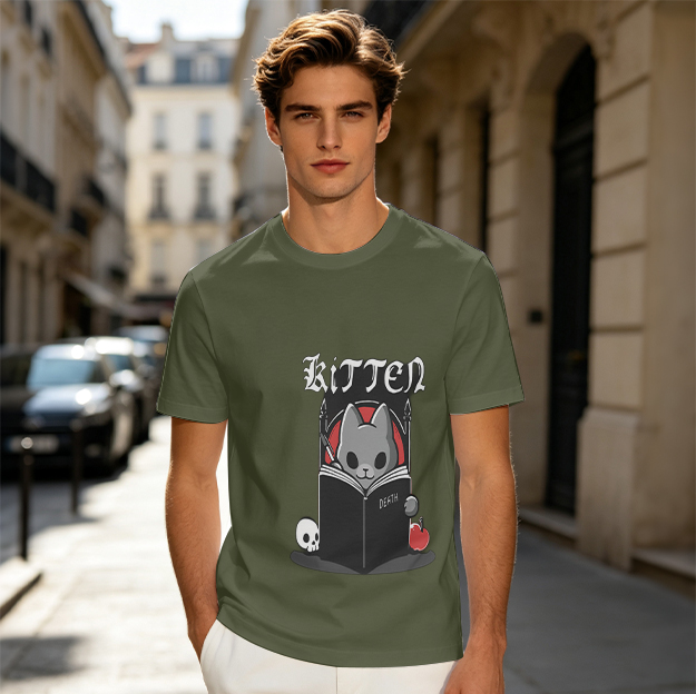 Olive graphic t-shirt with gothic kitten reading death book print