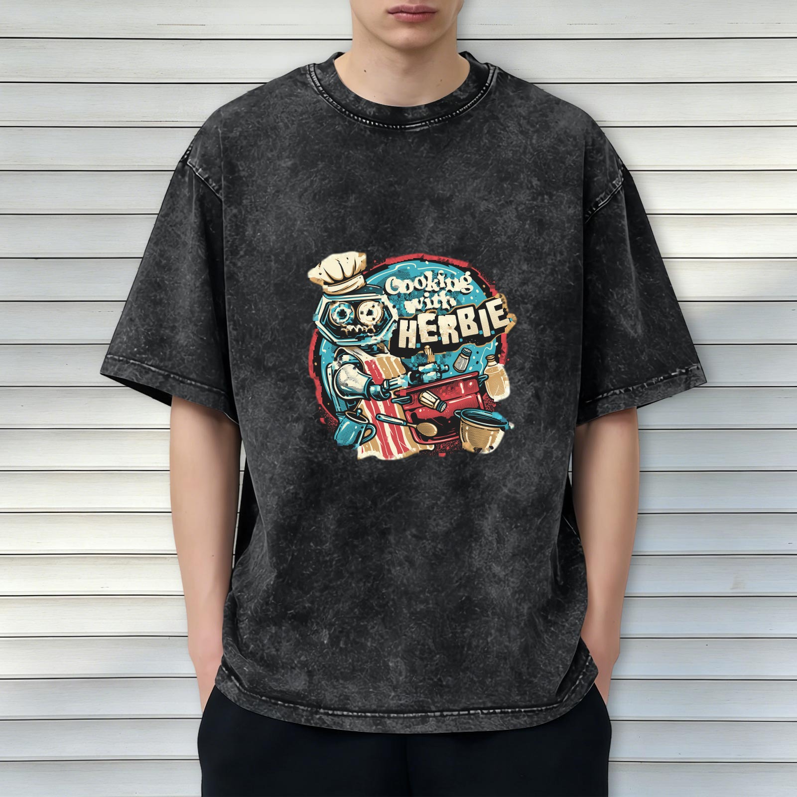 Oversized Washed Black T-Shirt with Cooking Robot Graphic