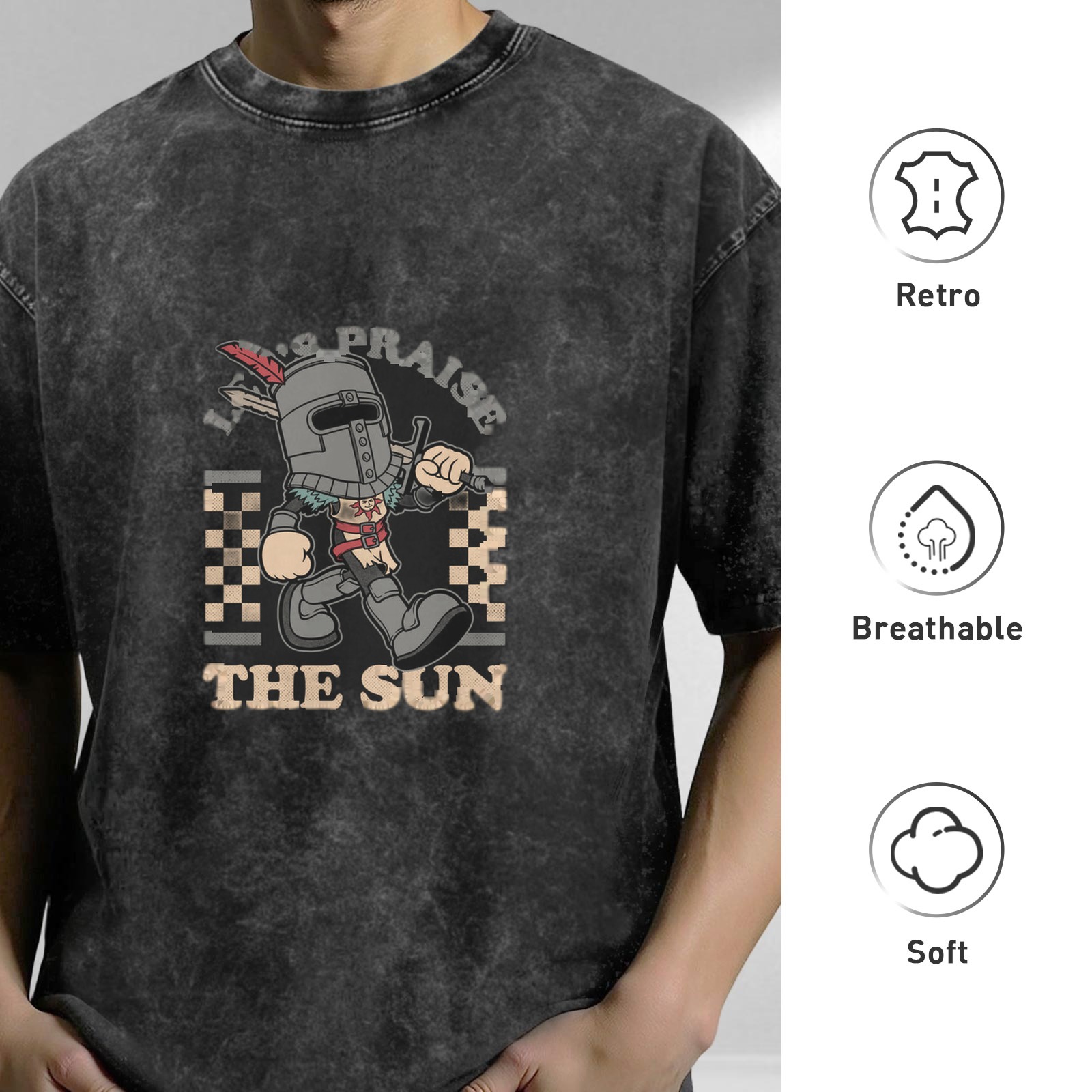 Washed black graphic t-shirt with praise the sun knight design