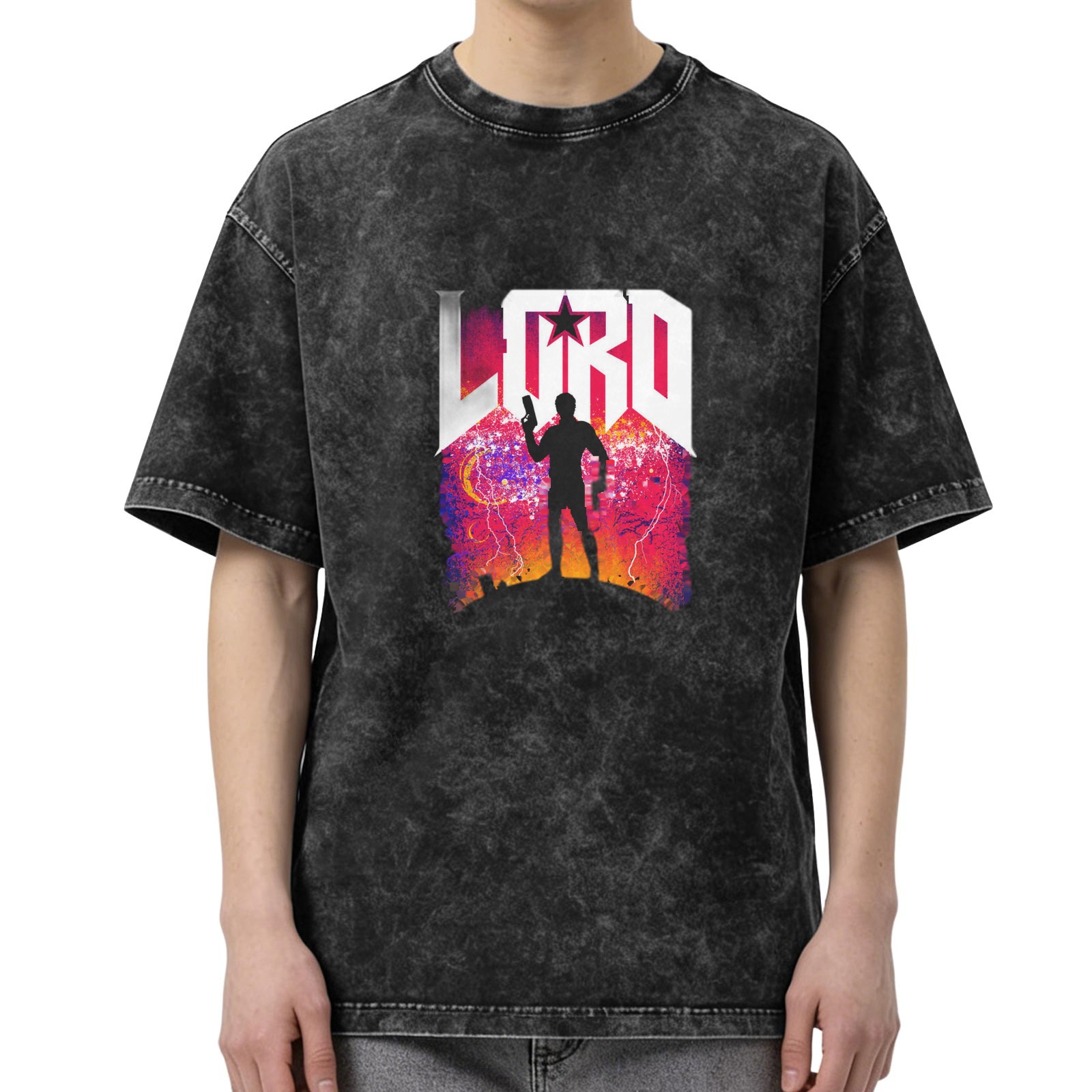Washed Black Graphic T-Shirt with LOKO and Sci-Fi Silhouette Design