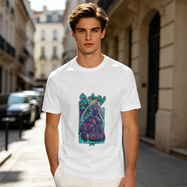 Olive T-shirt with cyberpunk anime character graphic