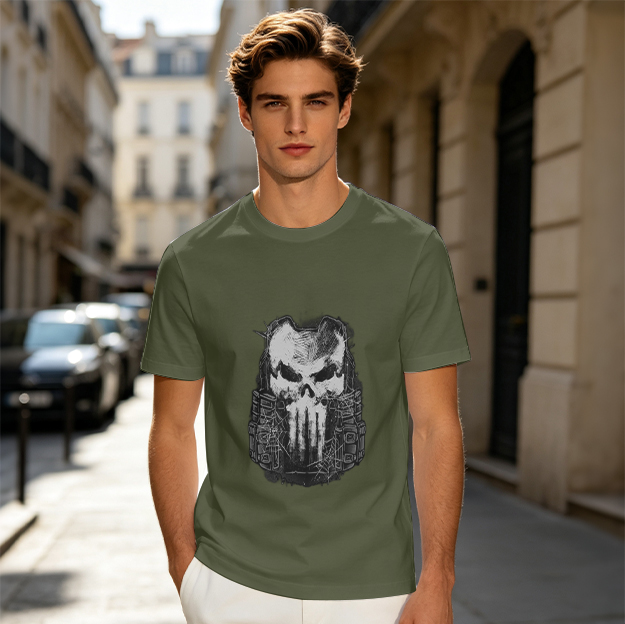 Olive Green T-Shirt With Tactical Skull Graphic Print