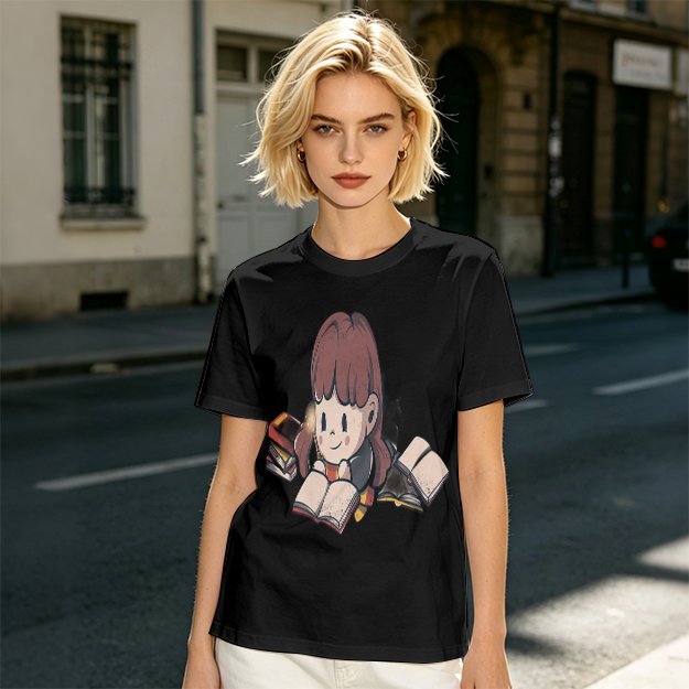 Olive T-shirt with Charming Girl Reading Books Graphic