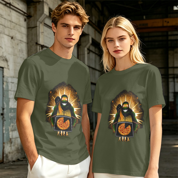 Olive T-shirt with Teenage Mutant Ninja Turtle Pizza Graphic