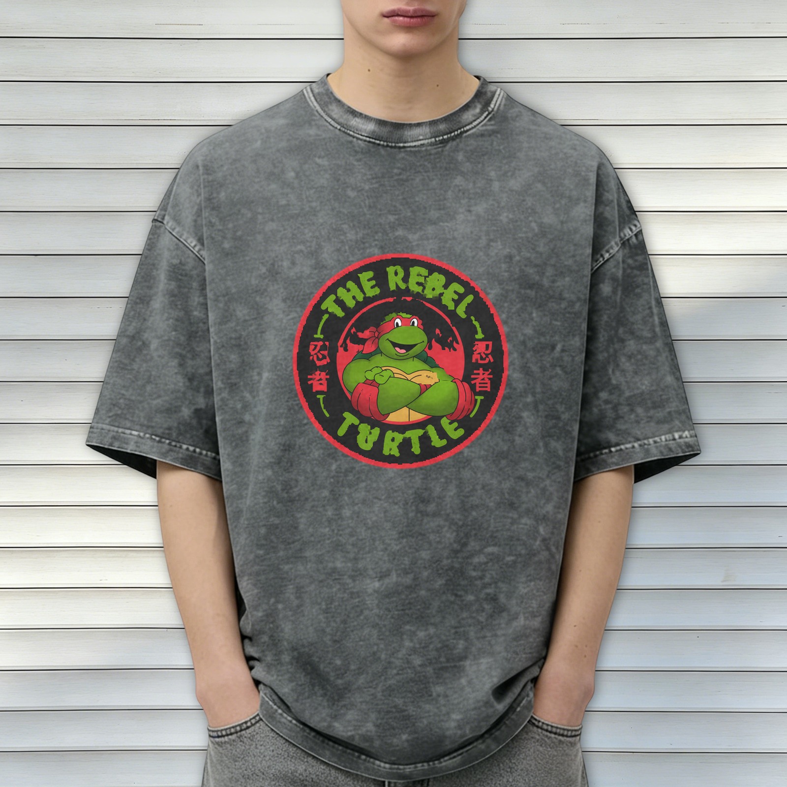 Washed black t-shirt with Teenage Mutant Ninja Turtle Rebel Turtle graphic