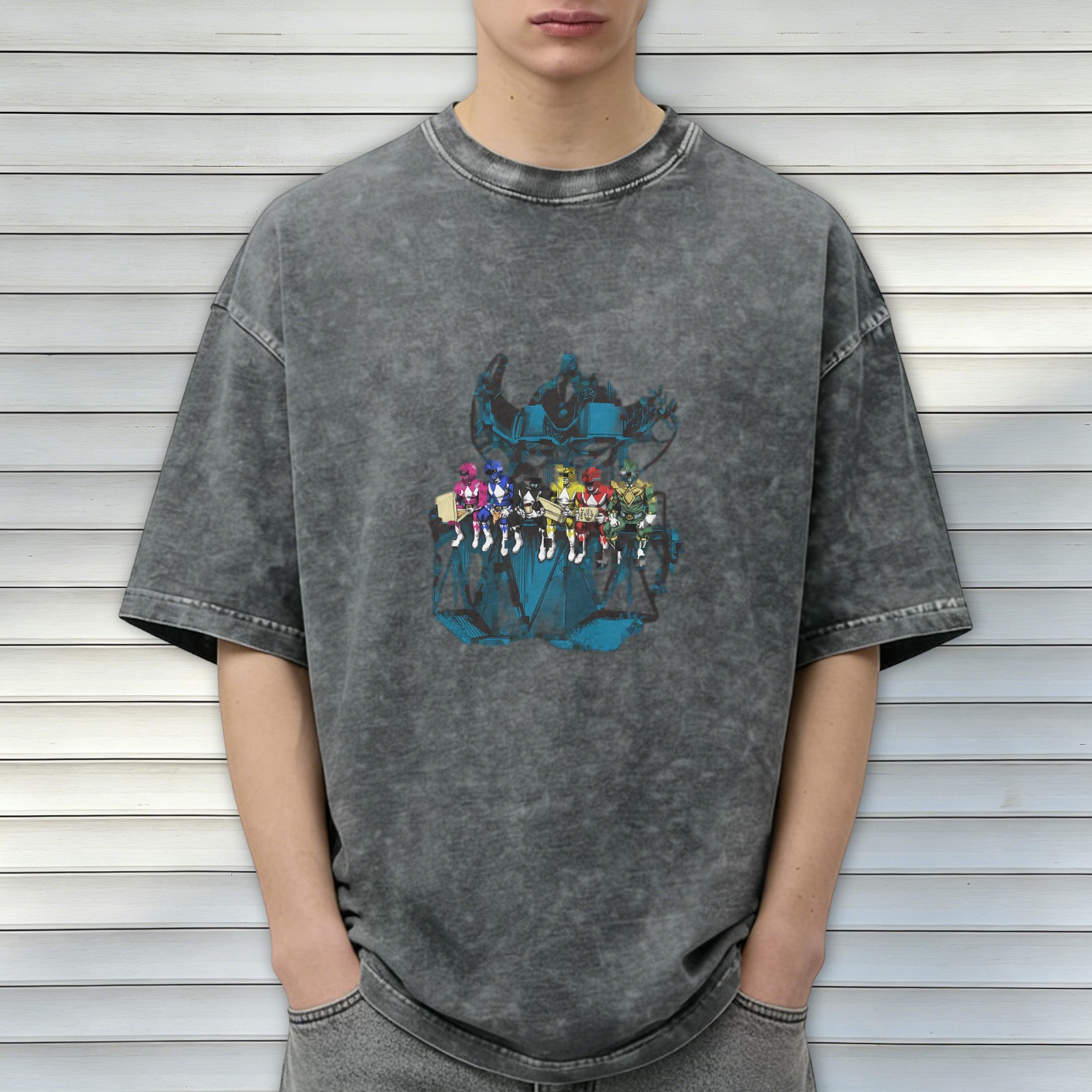 Washed Black Oversized T-Shirt with Power Rangers Graphic