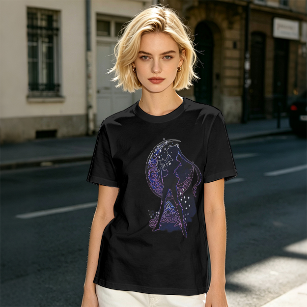 Olive T-Shirt With Celestial Moon Girl Silhouette Graphic
