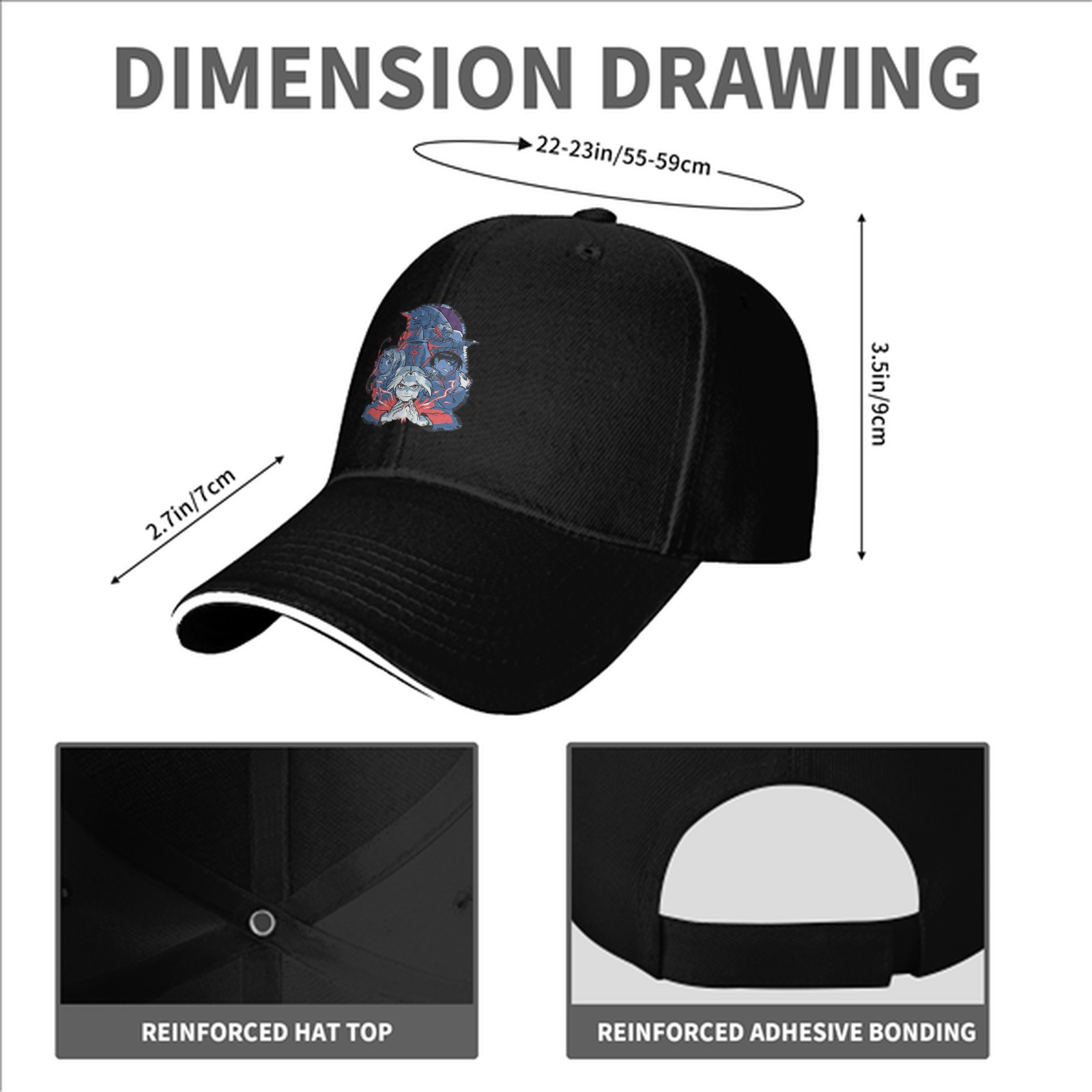 Black Baseball Cap with Dark Anime Character Graphic Print