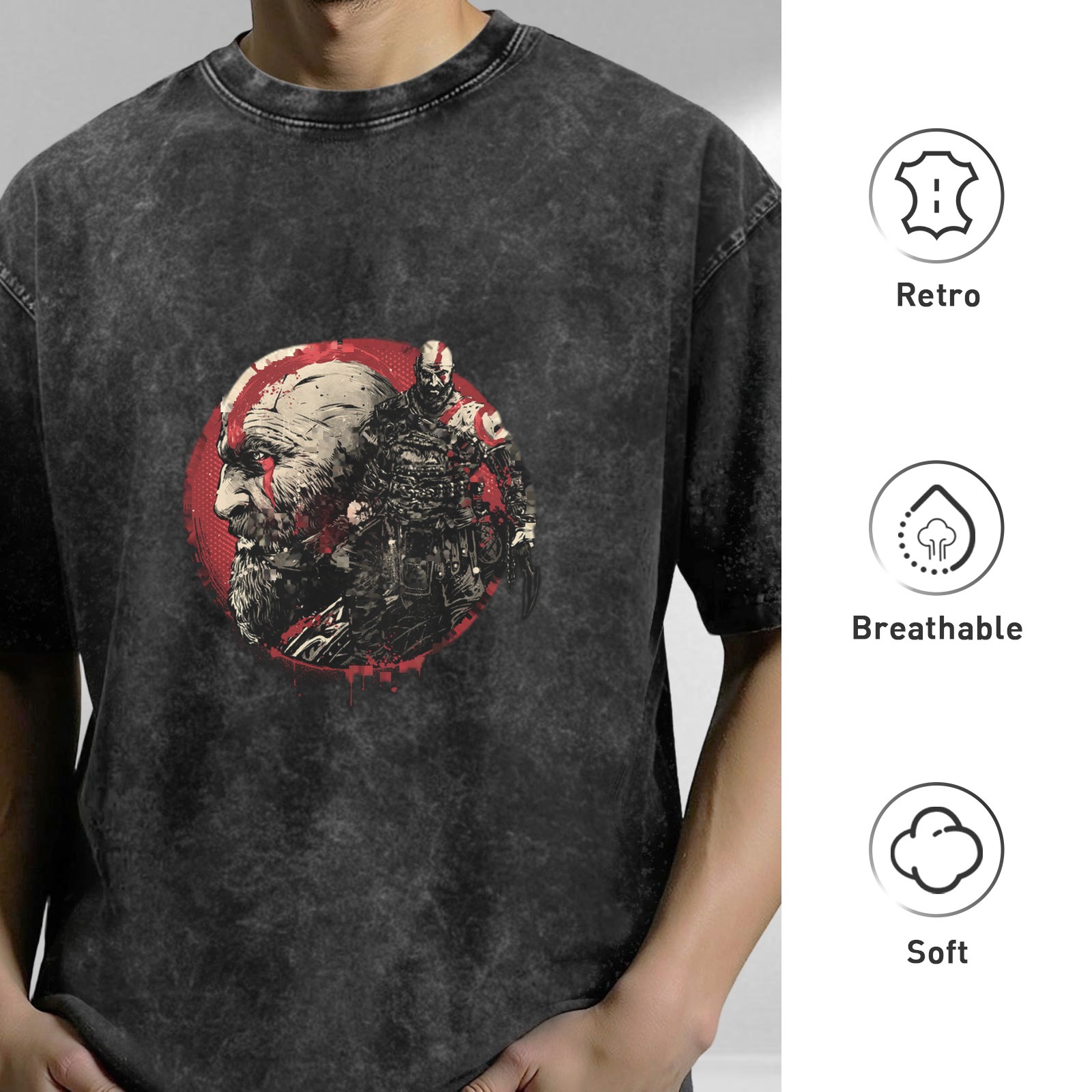 Kratos God of War Graphic Stone Wash Black T-Shirt