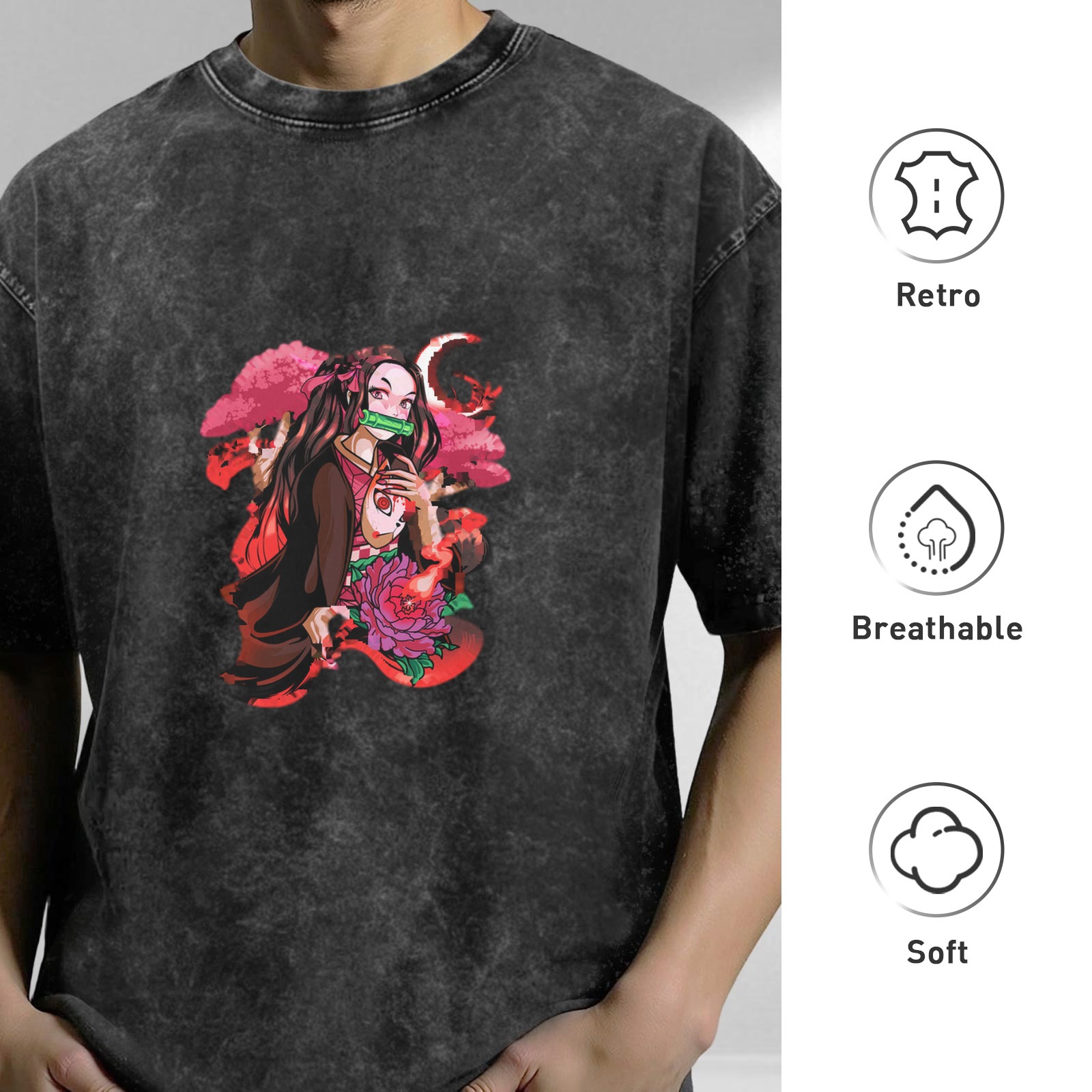 Anime Demon Slayer Nezuko Kamado Graphic Oversized Vintage Wash T-Shirt for Men