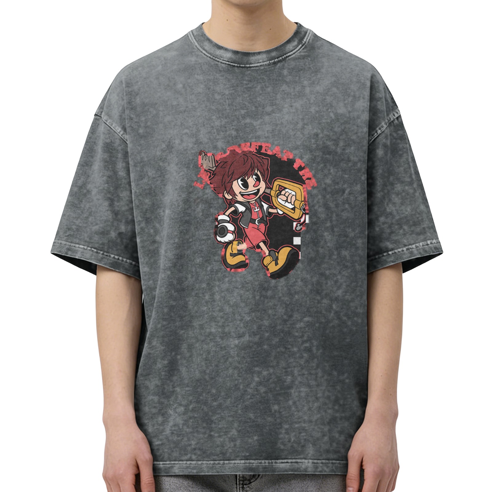 Oversized Vintage Wash T-Shirt with Cartoon Keyblade Character Print