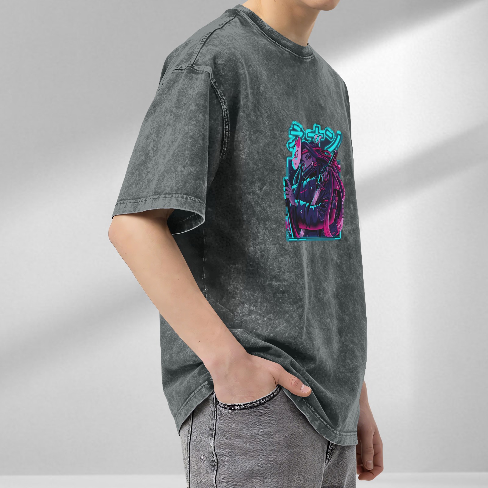 Oversized Acid Wash T-Shirt With Neon Anime Samurai Graphic