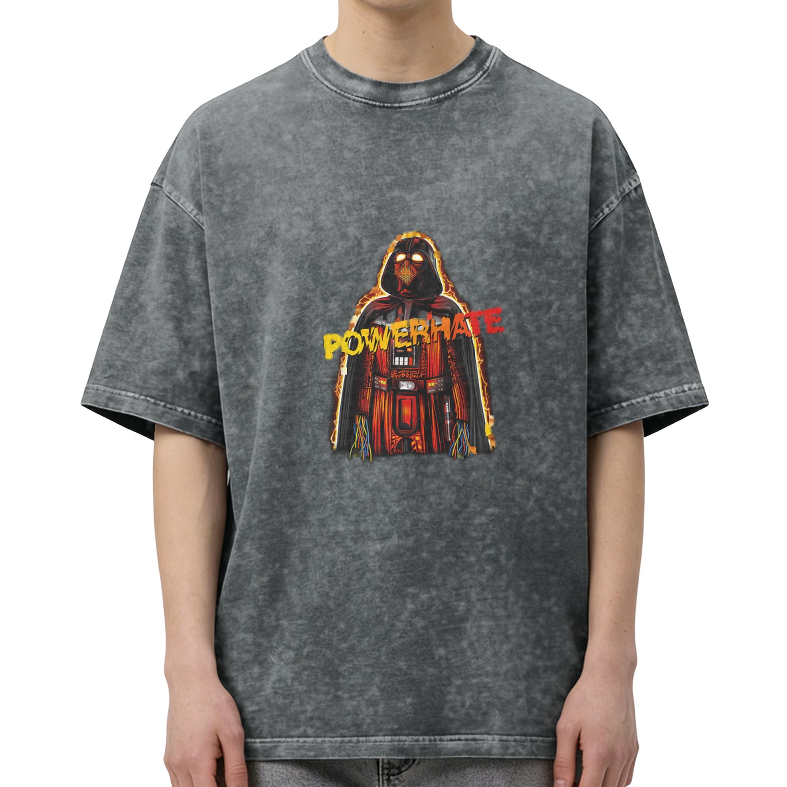 Washed black graphic t-shirt with Darth Vader style 'POWERHATE' print