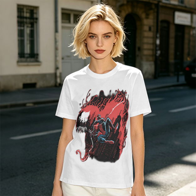 Olive T-shirt with Spider-Man and Symbiote Villain Graphic